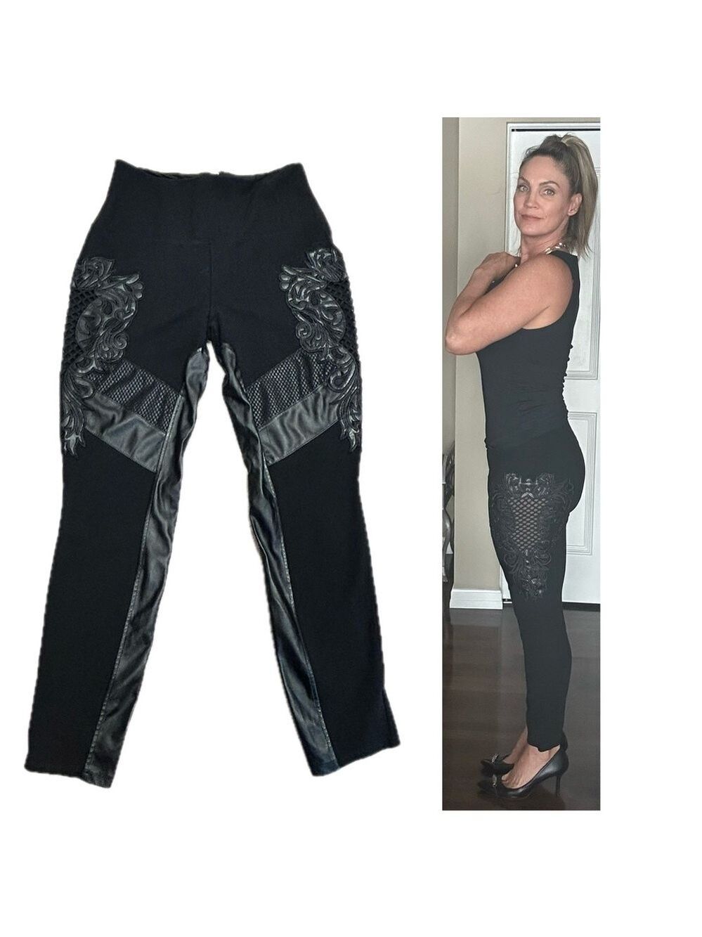 BEBE black faux leather mesh cut-out design high-rise legging pants Sz M RARE!